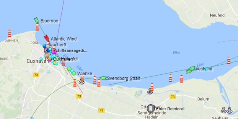 Schiffe und Schiffsverkehr im Schiffsradar auf der Elbe von Hamburg über Cuxhaven- bis zur Nordsee